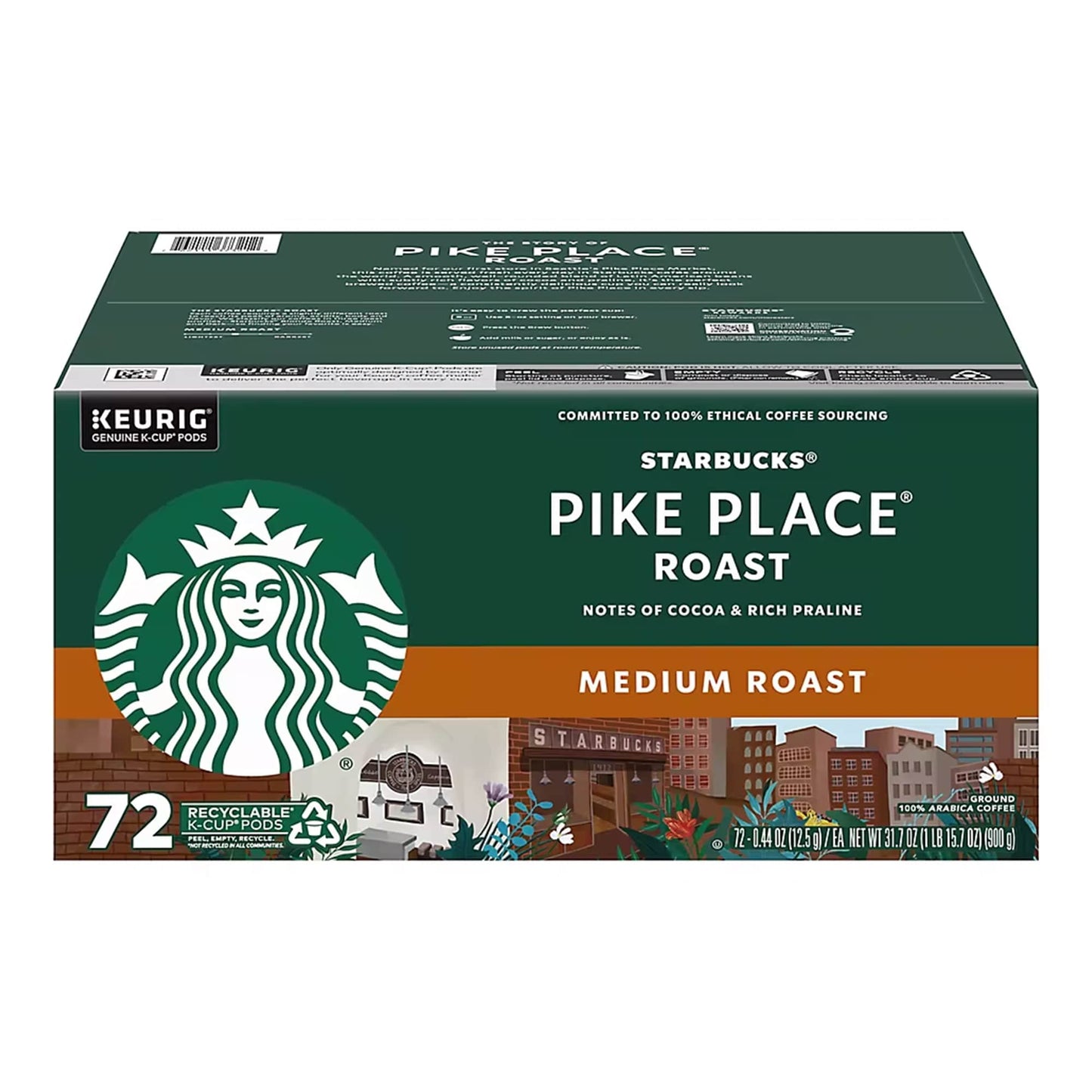 Starbucks Pike Place Roast Medium Roast Coffee K-Cup Pods Capsules, 72 ct.