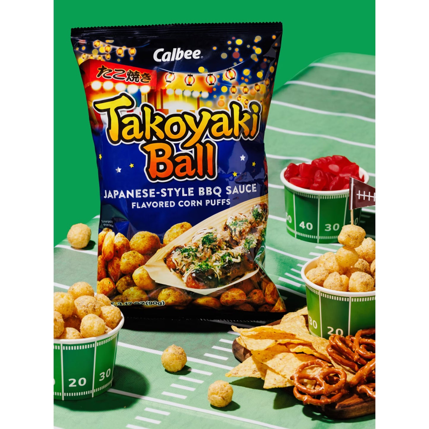 Calbee Takoyaki Ball Flavored Corn Puffs Japanese-Style BBQ Sauce 3.17 oz