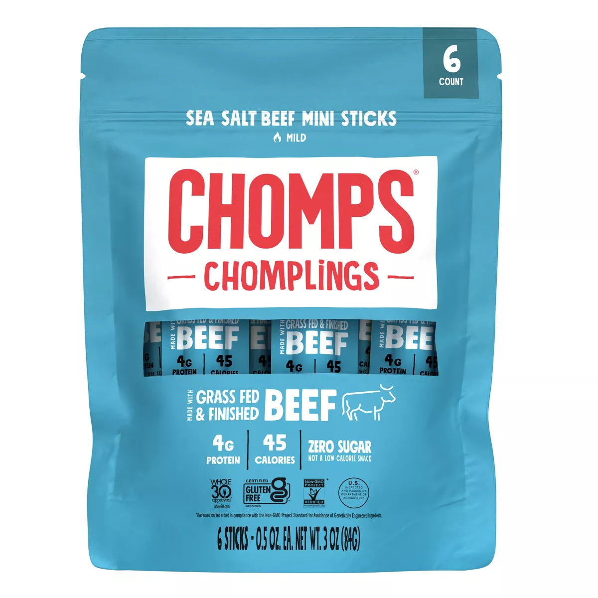 Chomps Snack Sea Salt Beef Mini Sticks, 3oz/6ct.