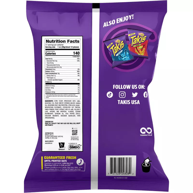 Takis Fuego Spicy Rolled Tortilla Chips Fiesta Size Bag, 17oz