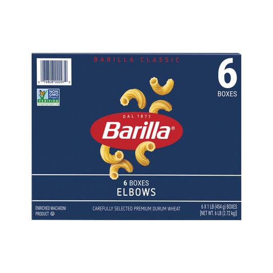 Barilla Elbows Pasta, Non-GMO Pasta Made with Durum Wheat Semolina, Kosher Certified Pasta, 6 x 16 oz. packs, 6 lb.