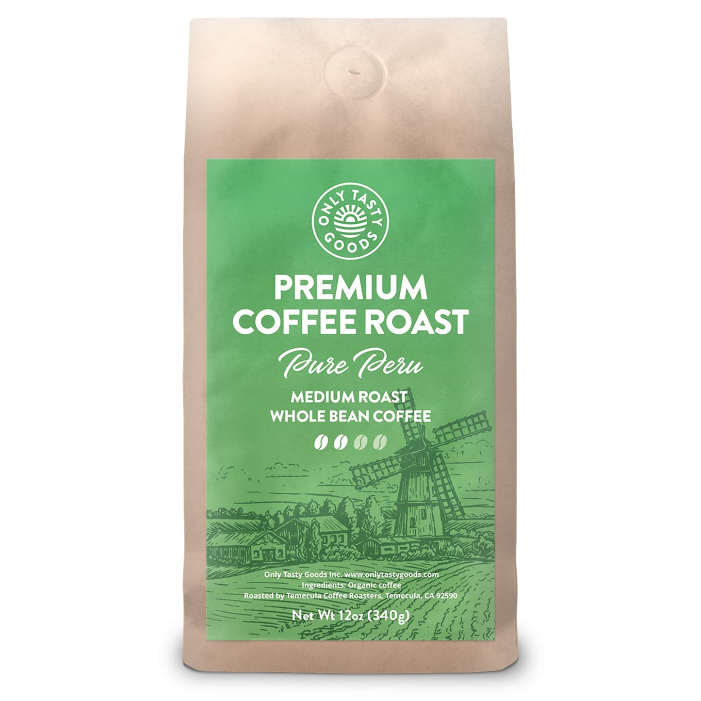 Pure Peru Medium Roast Whole Bean Coffee, Non-GMO, 12 oz.