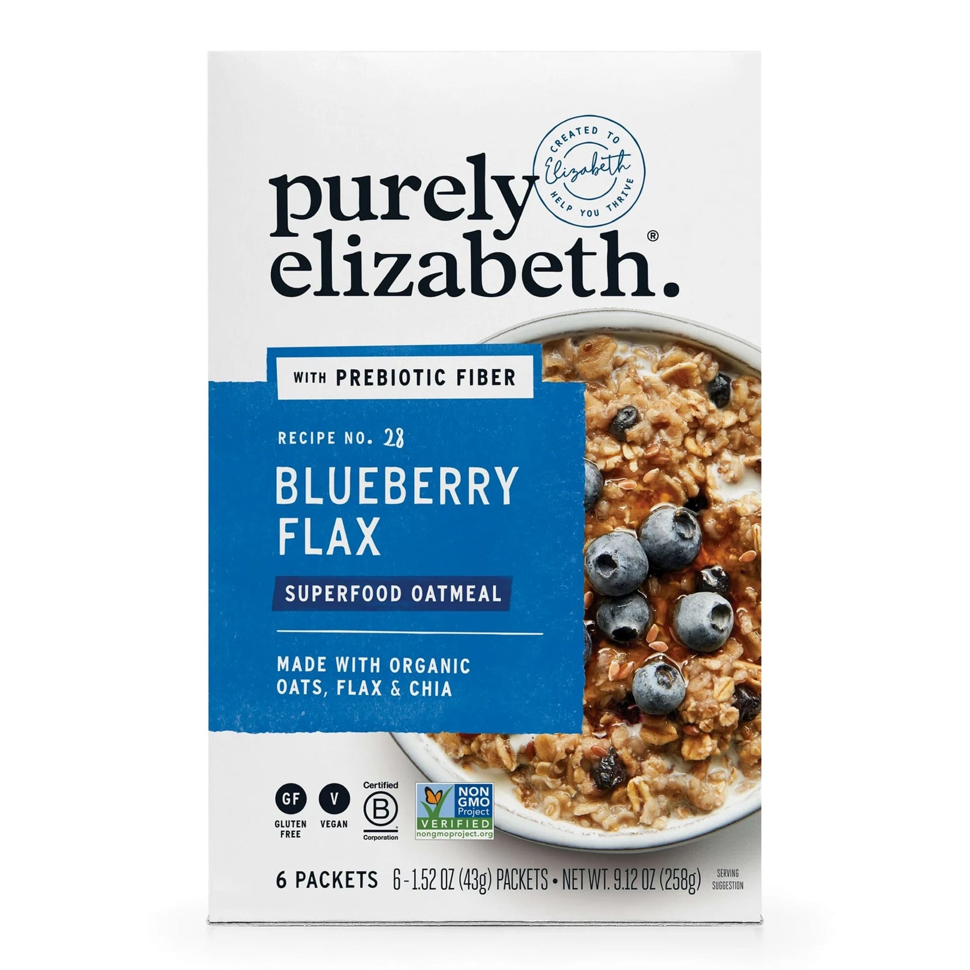 Purely Elizabeth Blueberry Flax Superfood Oatmeal, Hot Cereal, 6 Packets, 9.12 oz.