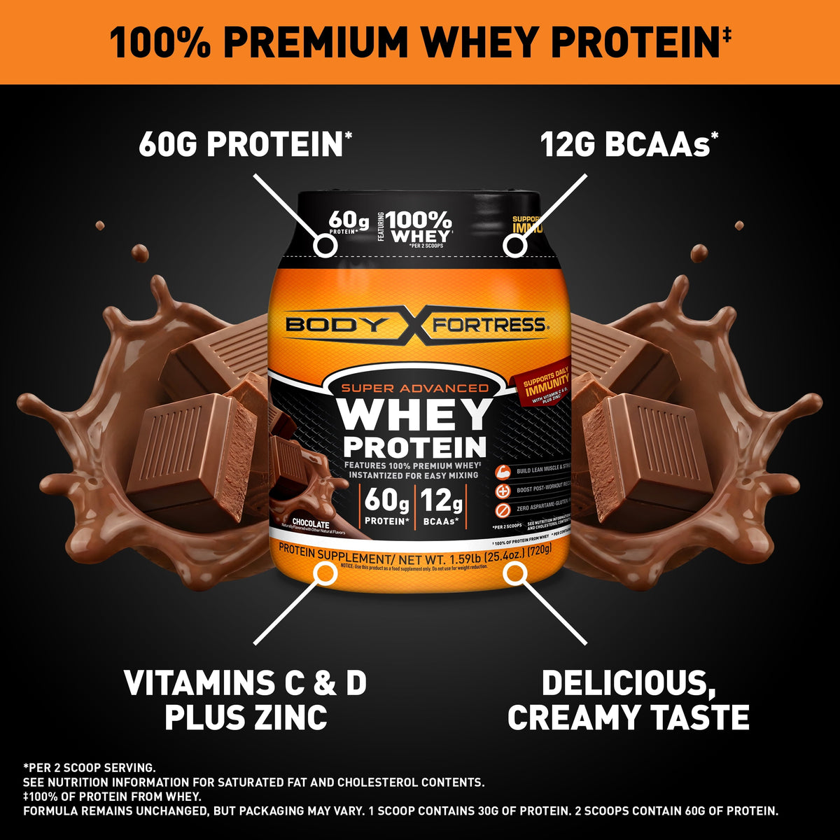 Body Fortress Super Advanced Whey Protein Powder, Chocolate, 60g Protein, Vitamins C & D Plus Zinc, 1.59 lb