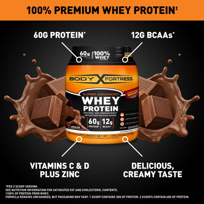 Body Fortress Super Advanced Whey Protein Powder, Chocolate, 60g Protein, Vitamins C & D Plus Zinc, 1.59 lb