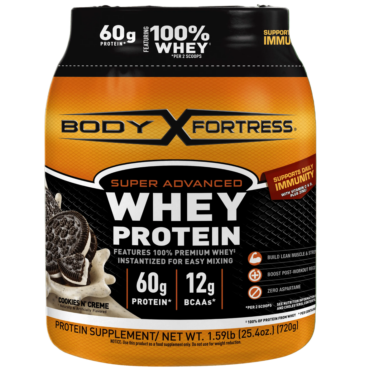 Body Fortress Super Advanced Whey Protein Powder, Cookies and Cream, 60g Protein, Vitamins C & D Plus Zinc, 1.59 lb