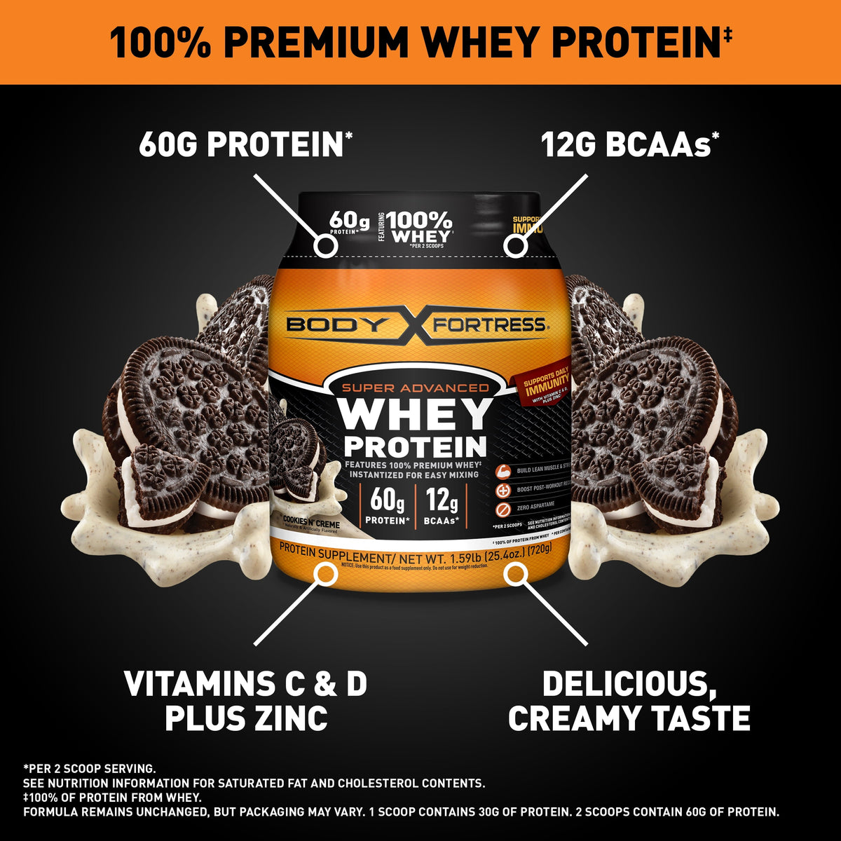 Body Fortress Super Advanced Whey Protein Powder, Cookies and Cream, 60g Protein, Vitamins C & D Plus Zinc, 1.59 lb