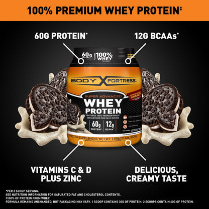 Body Fortress Super Advanced Whey Protein Powder, Cookies and Cream, 60g Protein, Vitamins C & D Plus Zinc, 1.59 lb