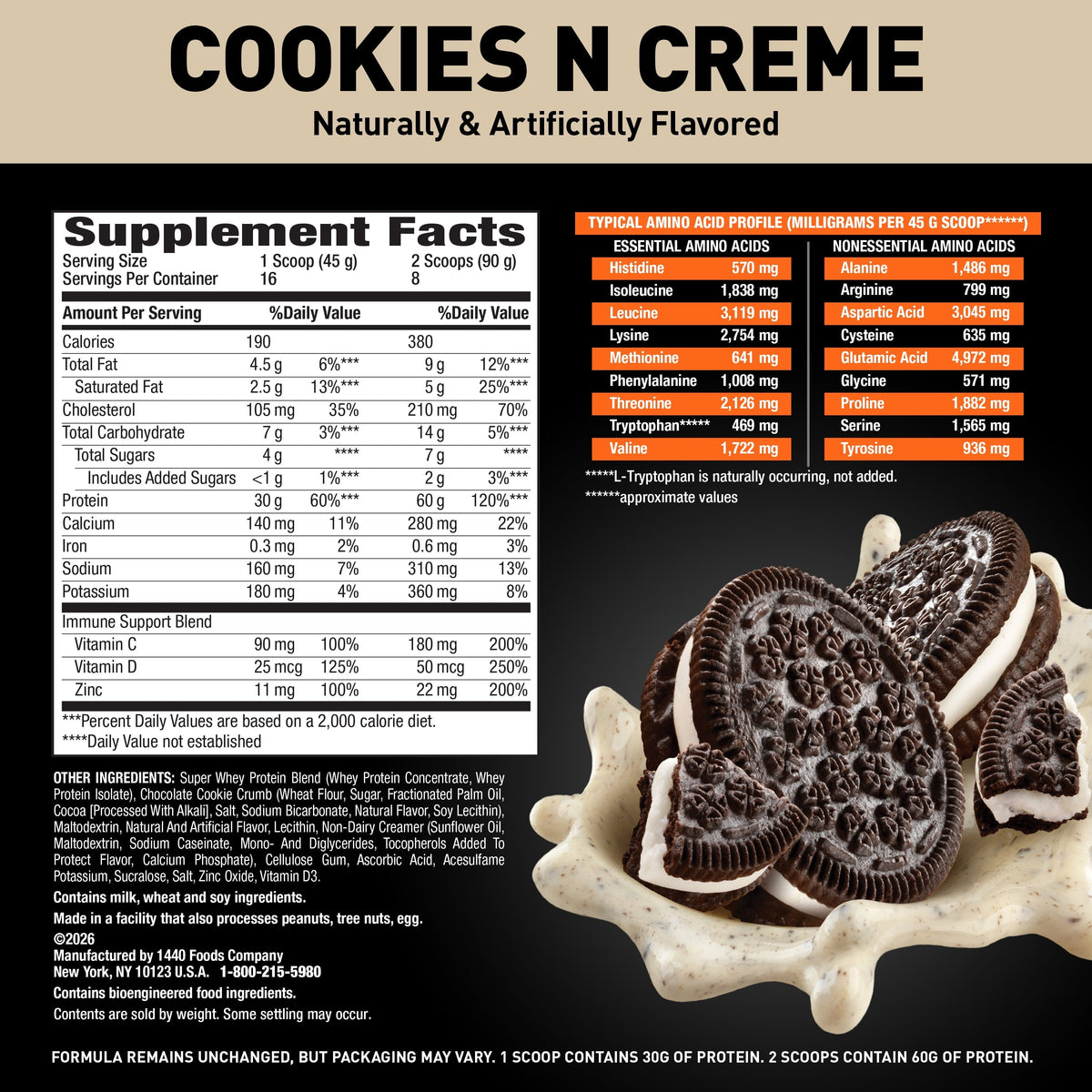 Body Fortress Super Advanced Whey Protein Powder, Cookies and Cream, 60g Protein, Vitamins C & D Plus Zinc, 1.59 lb