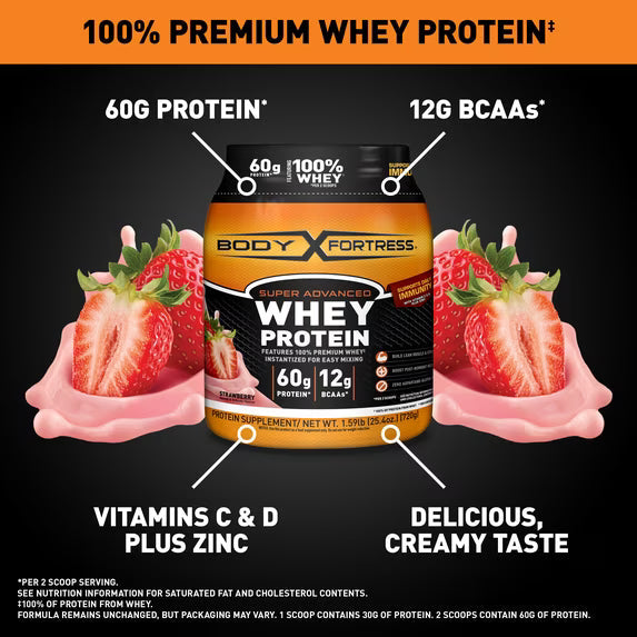 Body Fortress Super Advanced Whey Protein Powder, Strawberry, 60g Protein, Vitamins C & D Plus Zinc, 1.59 lb