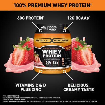 Body Fortress Super Advanced Whey Protein Powder, Strawberry, 60g Protein, Vitamins C & D Plus Zinc, 1.59 lb