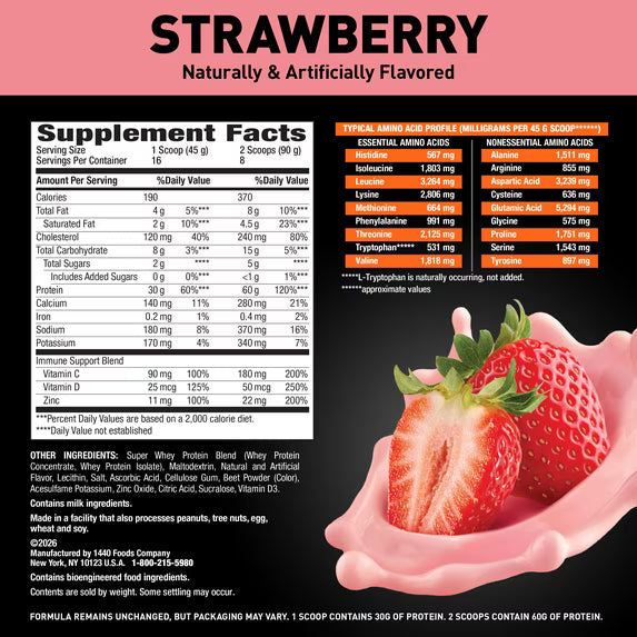 Body Fortress Super Advanced Whey Protein Powder, Strawberry, 60g Protein, Vitamins C & D Plus Zinc, 1.59 lb
