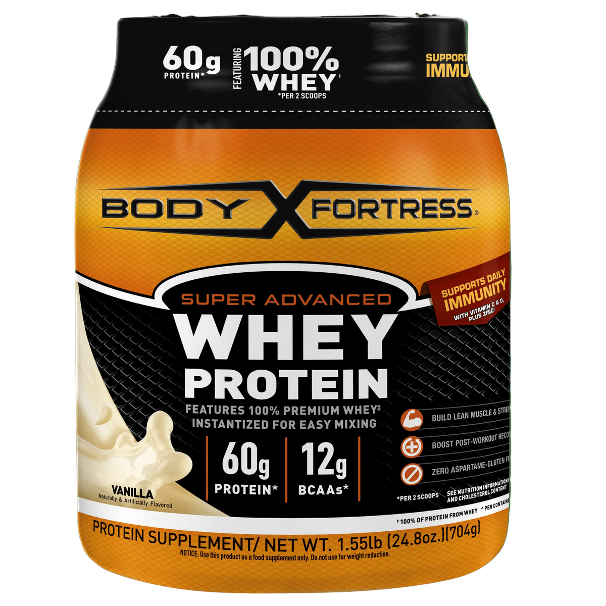 Body Fortress Super Advanced Whey Protein Powder, Vanilla, 60g Protein, Vitamins C & D Plus Zinc, 1.55 lb