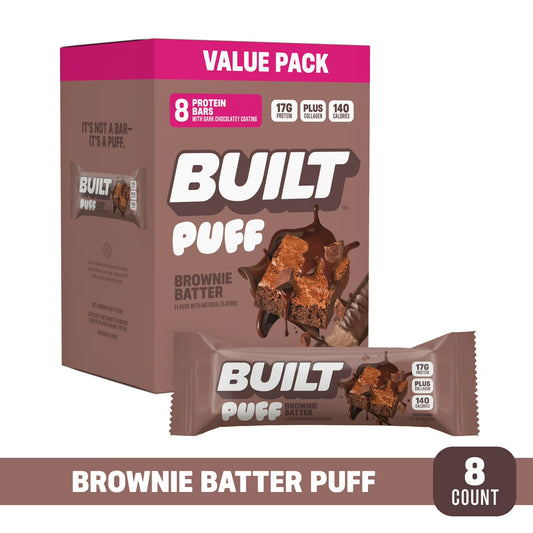 BUILT Puff Protein Bar, Brownie Batter, 17g Protein, Collagen, 140 Calories, 8 Count Box, 1.41 oz Bars