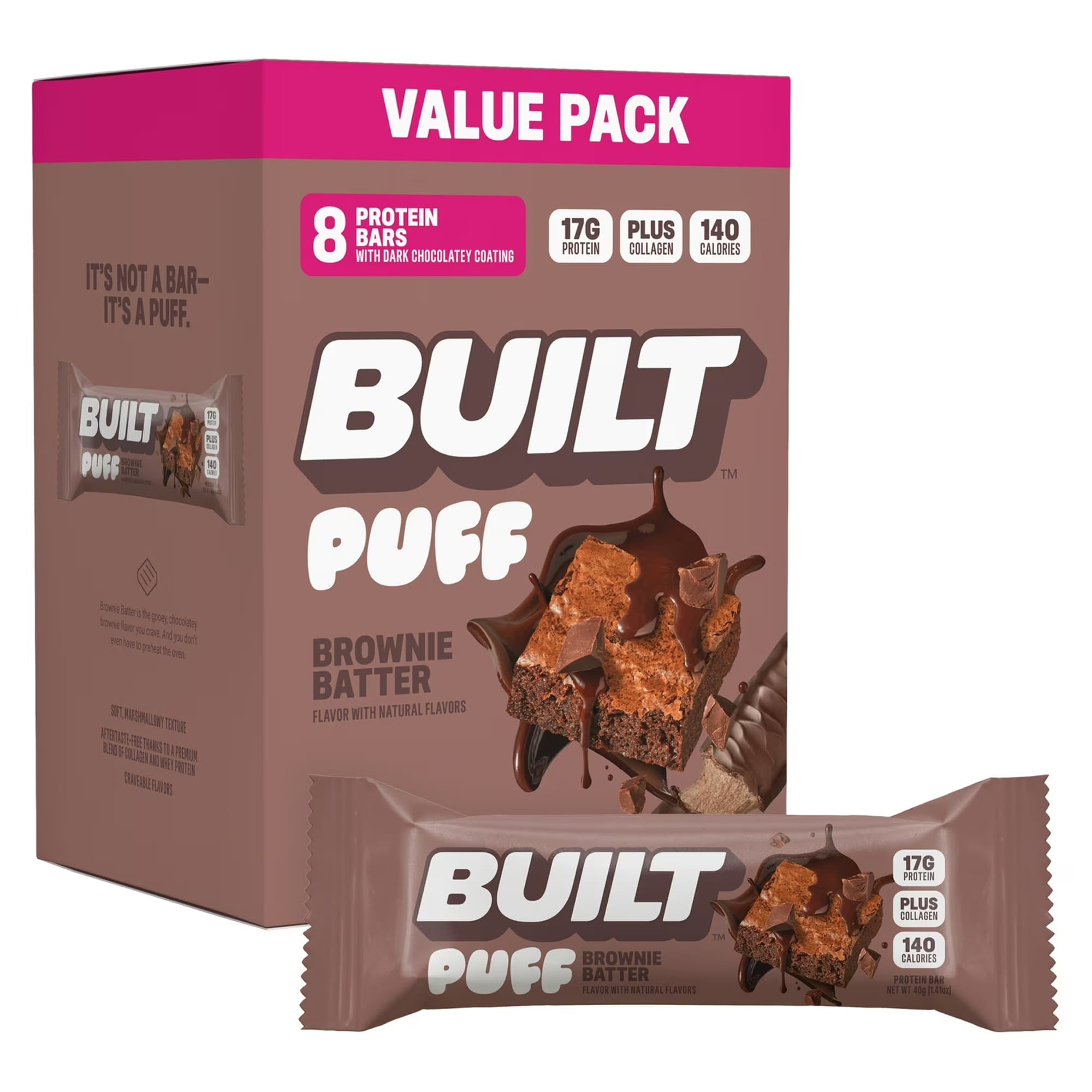 BUILT Puff Protein Bars Brownie Batter 17g Protein, Collagen, 8 ct Box ...