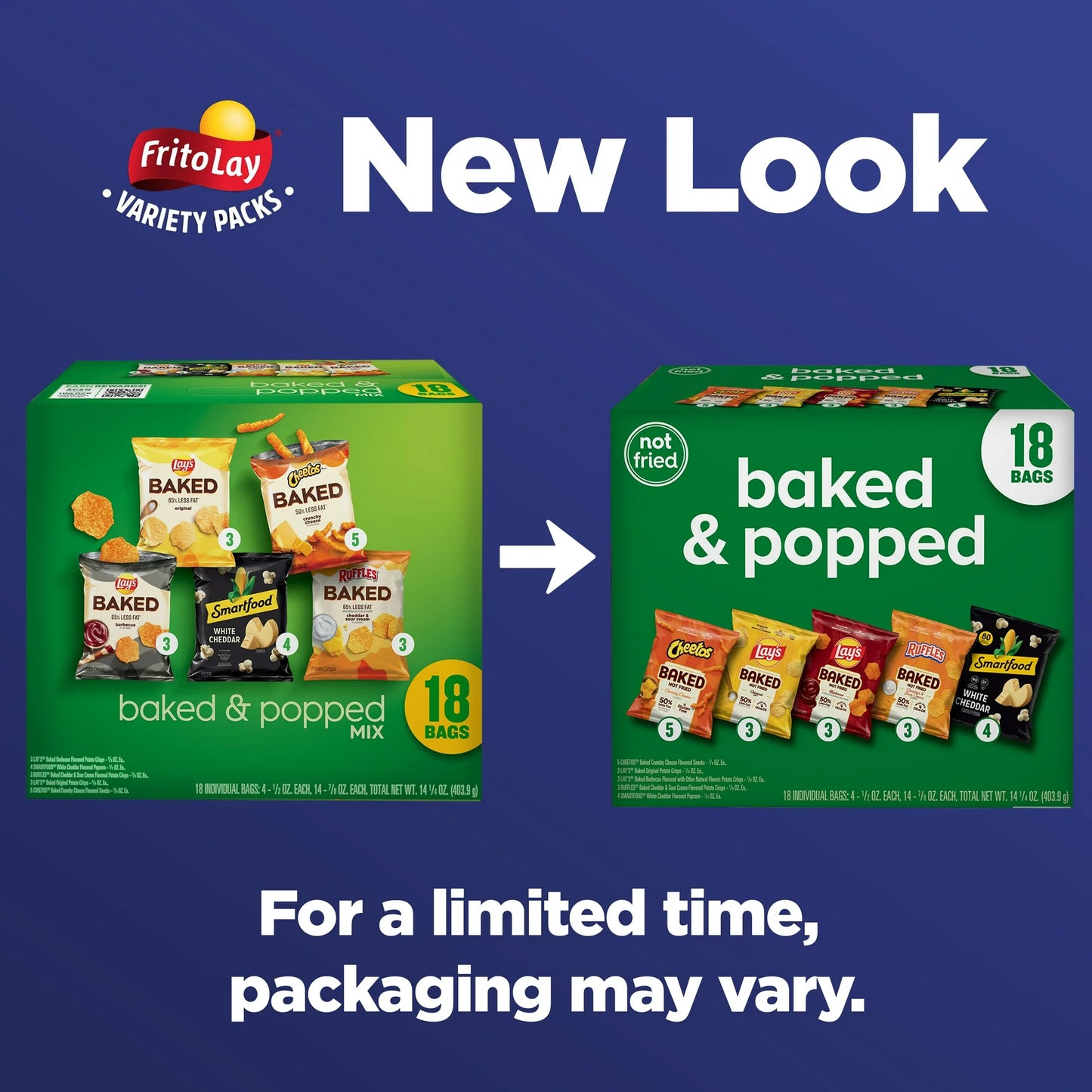 Frito-Lay Baked and Popped Mix Variety pack Snack Chips, 18 Count Multipack