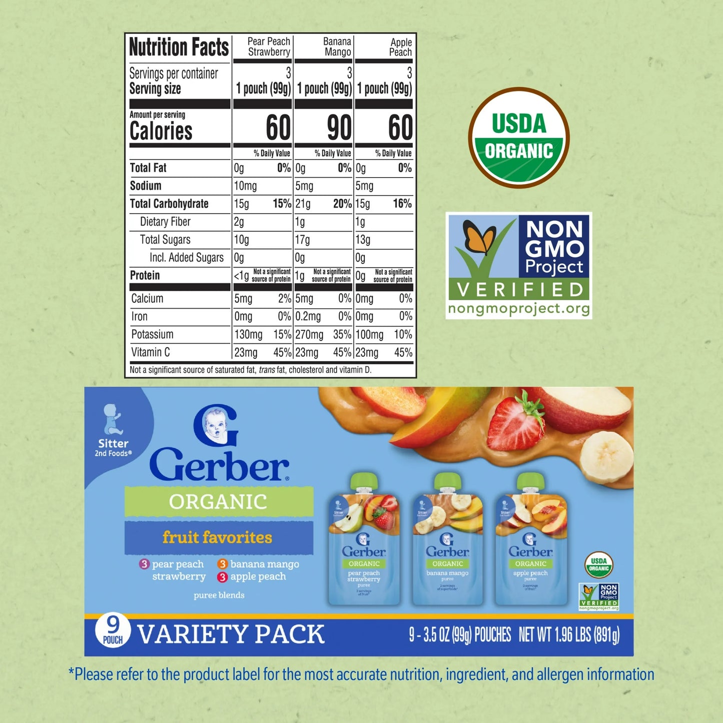 Gerber Organic Fruit Favorites Baby Puree Pouches,
9 Pack