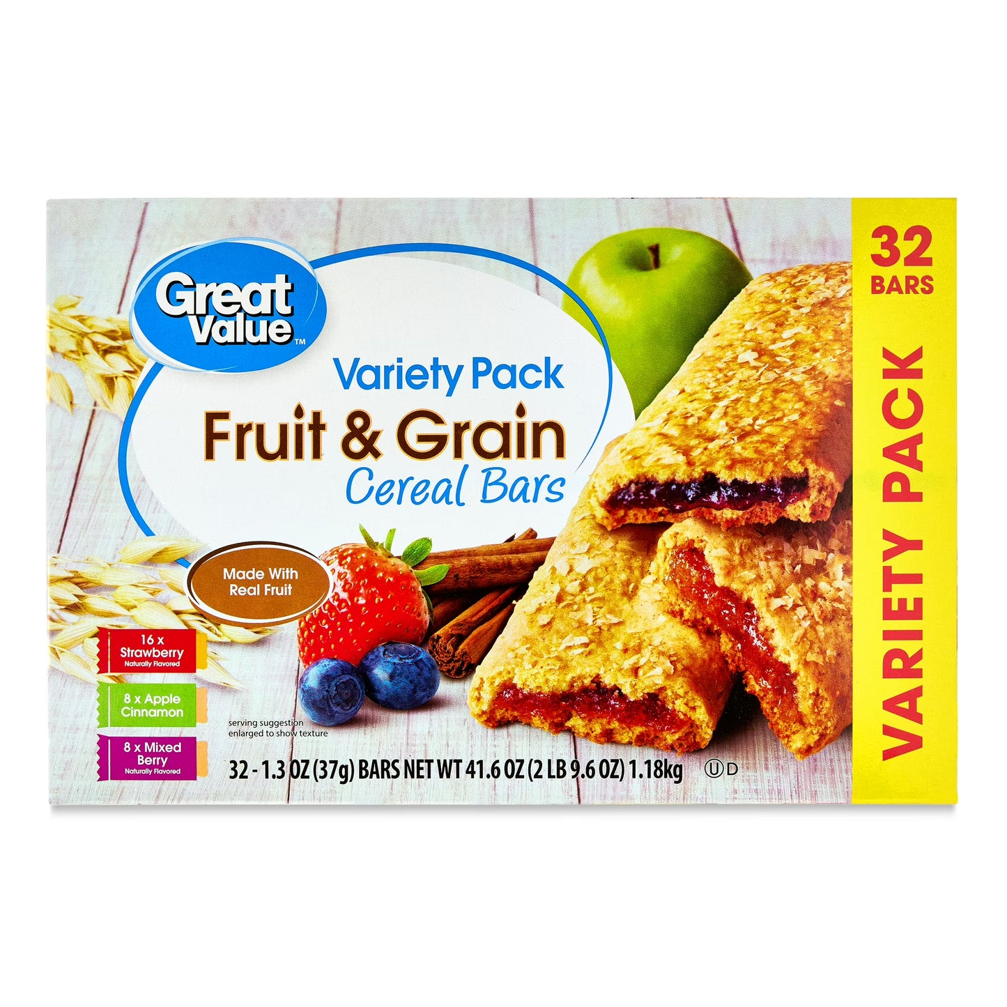Great Value Fruit &amp; Grain Cereal Bars, Variety Pack, 32 Count 1.3 oz
