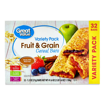 Great Value Fruit &amp; Grain Cereal Bars, Variety Pack, 32 Count 1.3 oz