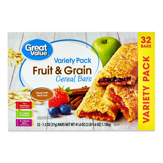Great Value Fruit &amp; Grain Cereal Bars, Variety Pack, 32 Count 1.3 oz