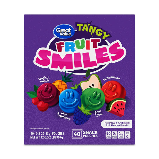 Great Value Fruit Smiles Snacks Tangy Flavor 32 oz 40 Count