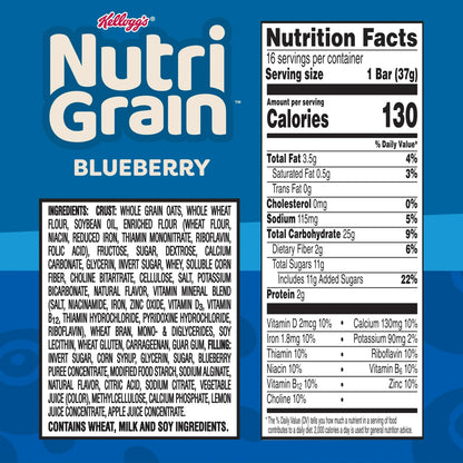 Kellogg's Nutri-Grain Blueberry Chewy Breakfast Bars, Made with 10g Whole Grains, 16 Count 20.8 oz