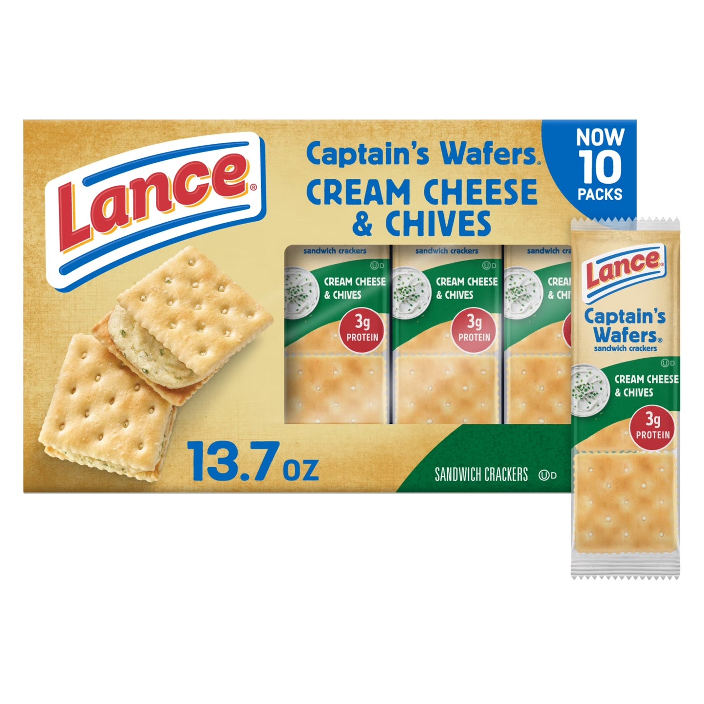 Lance Sandwich Crackers, Captain's Wafers Cream Cheese and Chives, 10 Packs, 6 Sandwiches Each, 13.7 oz
