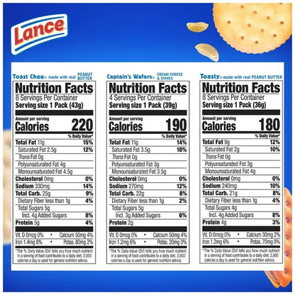 Lance Sandwich Crackers Variety Pack, 3 Flavors, 20 Individually Wrapped Packs, 6 Sandwiches Each, 27.9 oz