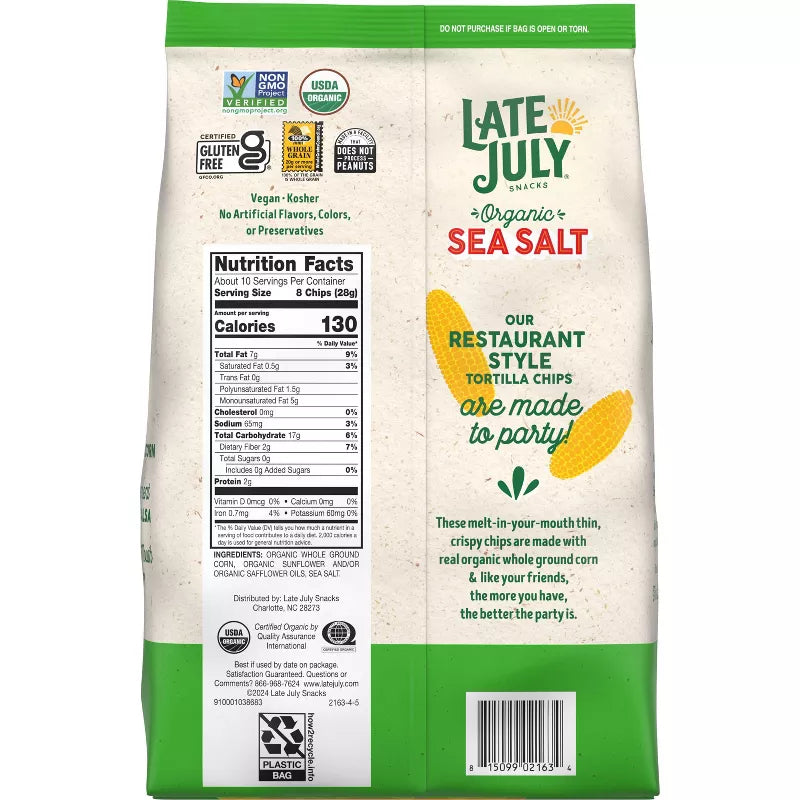 Late July Snacks Organic Sea Salt Thin and Crispy Tortilla Chips, 10.1 oz.