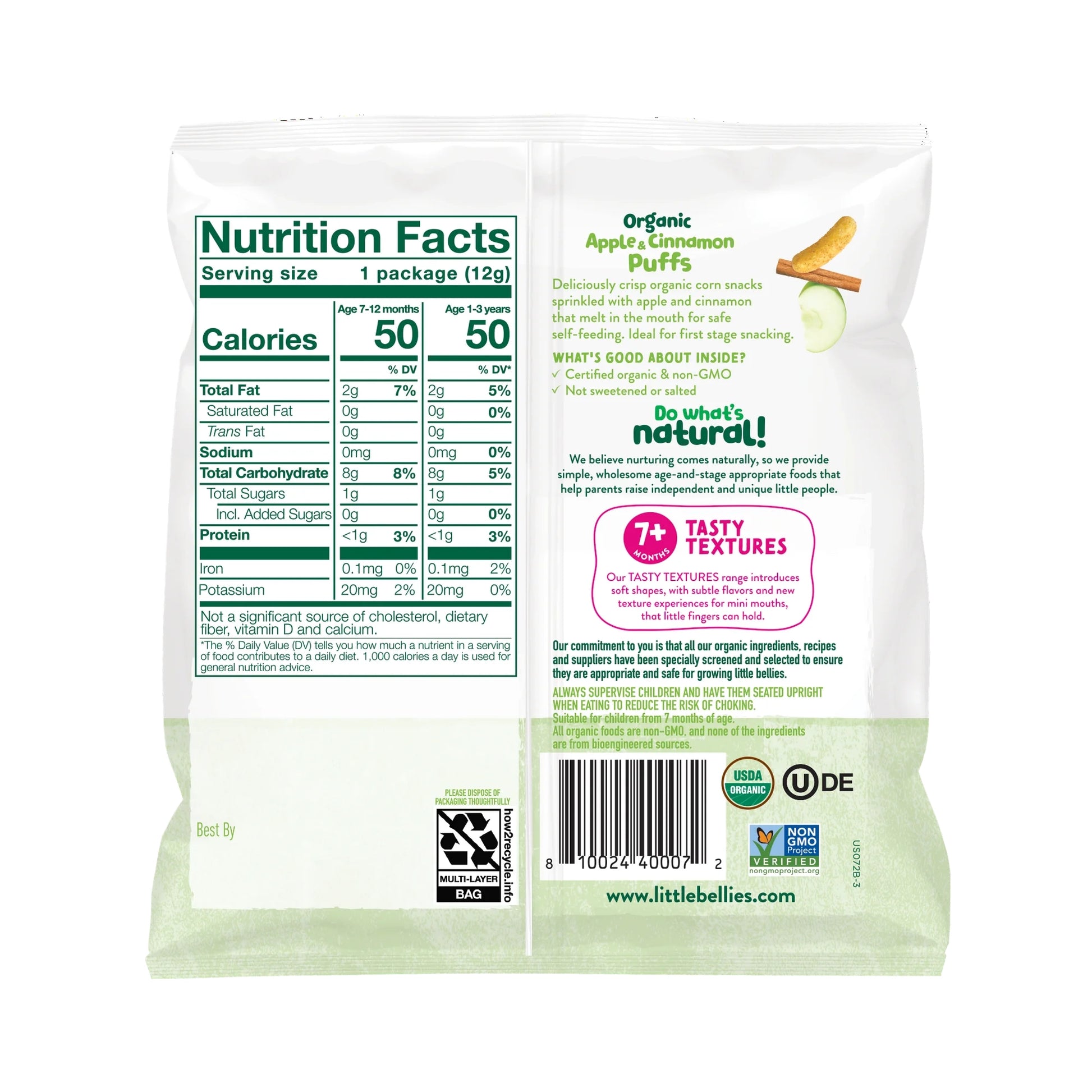 Little Bellies Organic Apple and Cinnamon Puffed Corn Snack, 0.42 oz Back