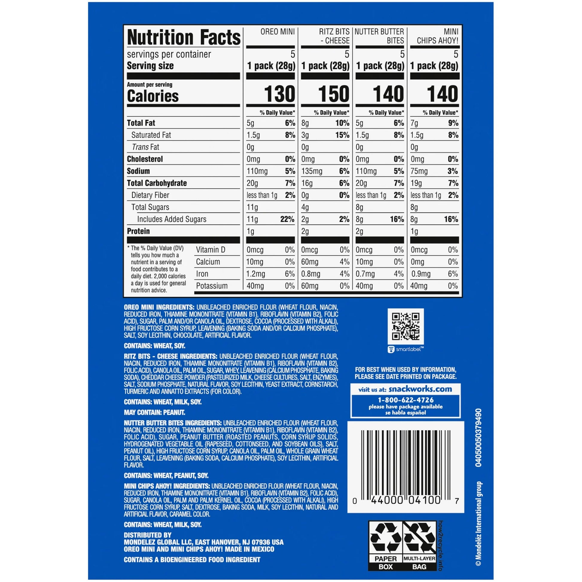 Nabisco Classic Mix Variety Pack, OREO, CHIPS AHOY!, Nutter Butter, RITZ Bits Cheese, 20 Snack Packs