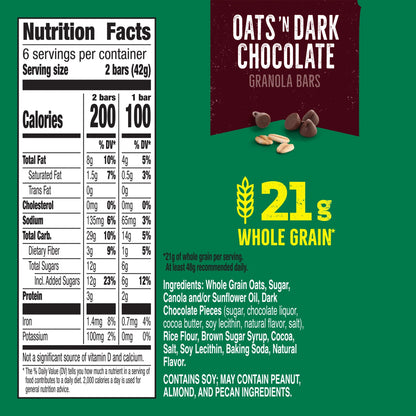 Nature Valley Crunchy Granola Bars, Oats 'n Dark Chocolate, 12 Count, (6 Pouches), 8.94 oz