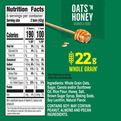 Nature Valley Crunchy Granola Bars Oats 'n Honey 12 Count (6 Pouches), 8.94 oz