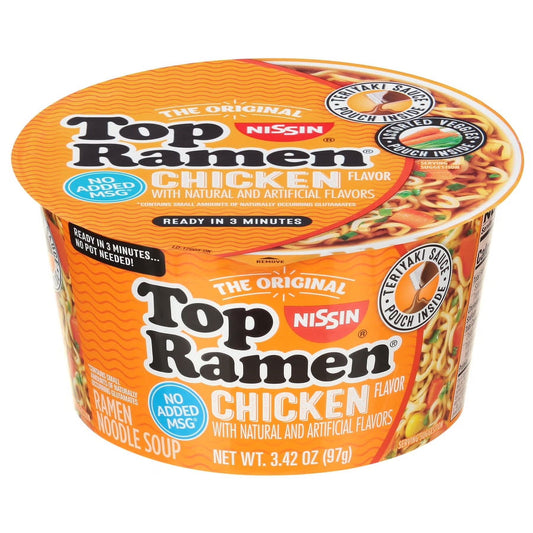 Nissin Top Ramen Chicken Instant Noodle Soup 12 Pack, 3.42 oz Bowl