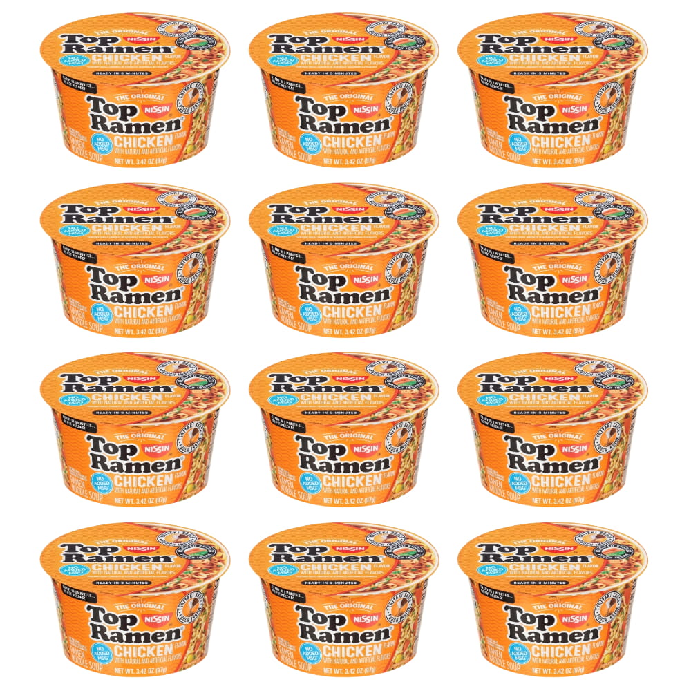 Nissin Top Ramen Chicken Instant Noodle Soup, 3.42 oz Bowl - 12 Pack ...