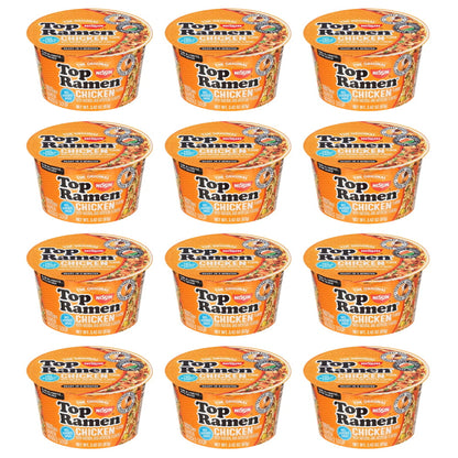 Nissin Top Ramen Chicken Instant Noodle Soup, 3.42 oz Bowl - 12 Pack