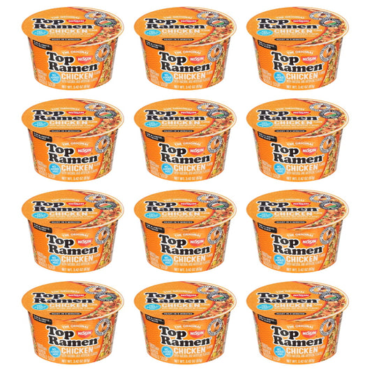 Nissin Top Ramen Chicken Instant Noodle Soup, 3.42 oz Bowl - 12 Pack