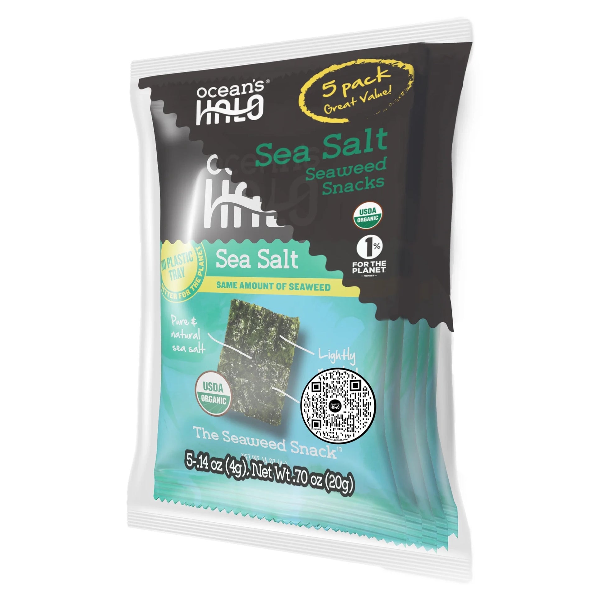 Ocean's Halo Seaweed Snack Sea Salt, Vegan Keto Nori Crispy Chips, 5 pk.