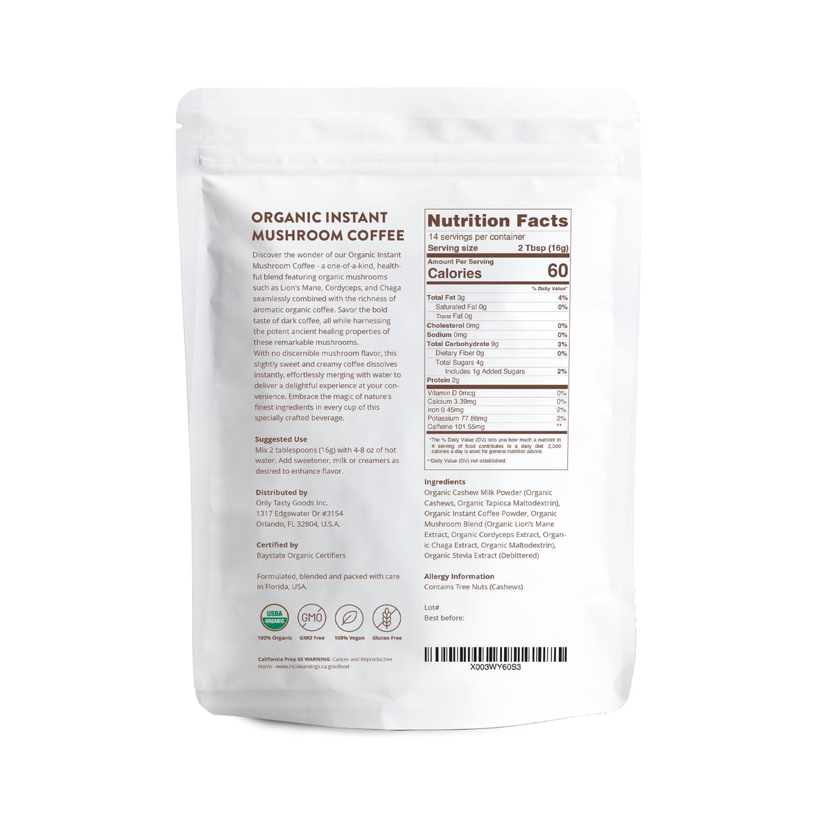 Organic Instant Mushroom Coffee with Lion’s Mane Cordyceps Chaga Lightly Sweetened With Cashew Milk Stevia 8 oz.