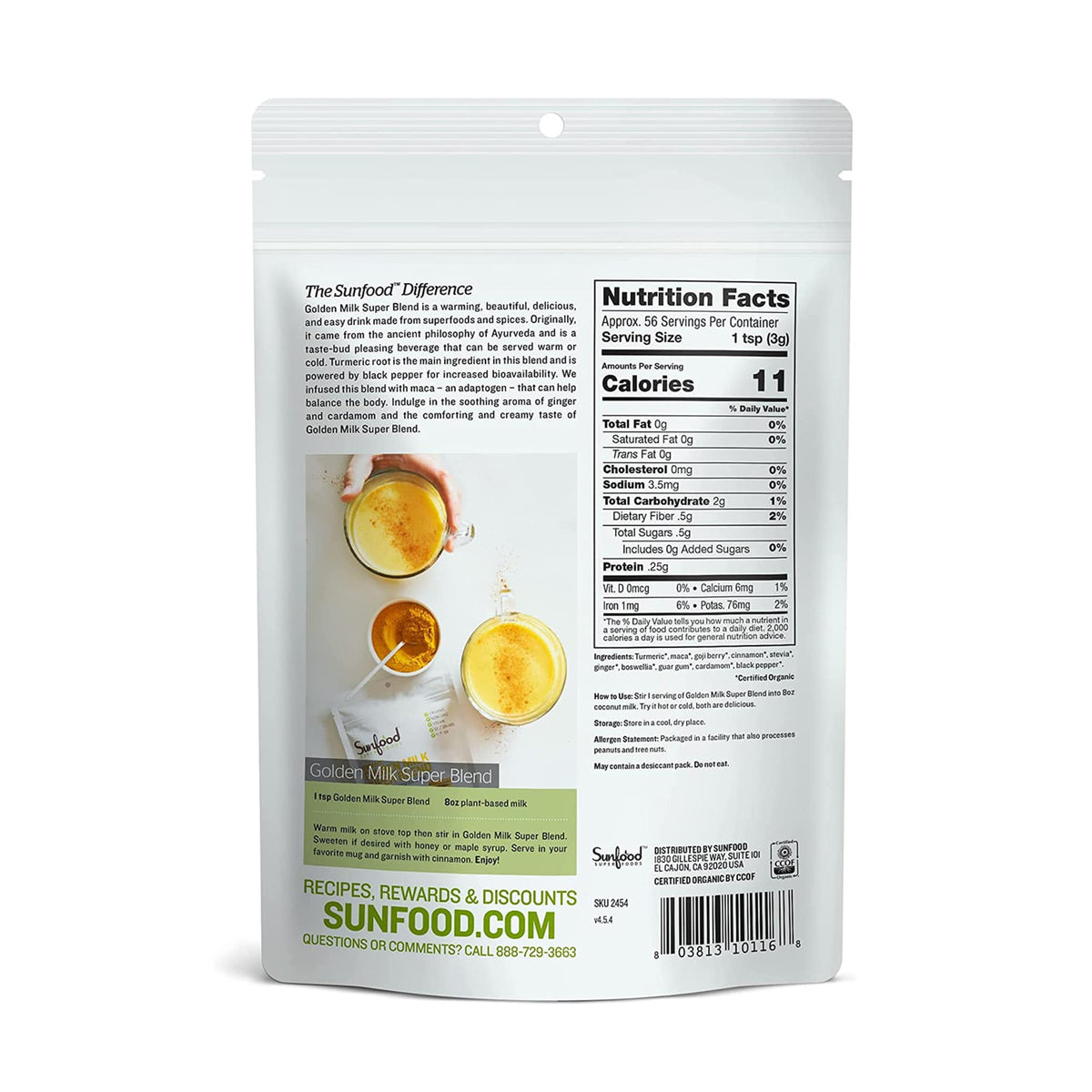 Sunfood -  Organic Golden Milk Super Blend Warming Ayurvedic Beverage with Turmeric Vegan 6 oz.