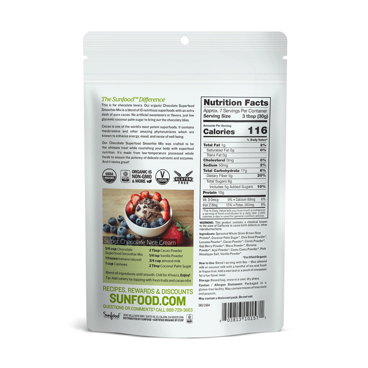 Sunfood - Organic Superfood Smoothie Mix Chocolate Vegan Superfoods and Plant Protein 8 oz.