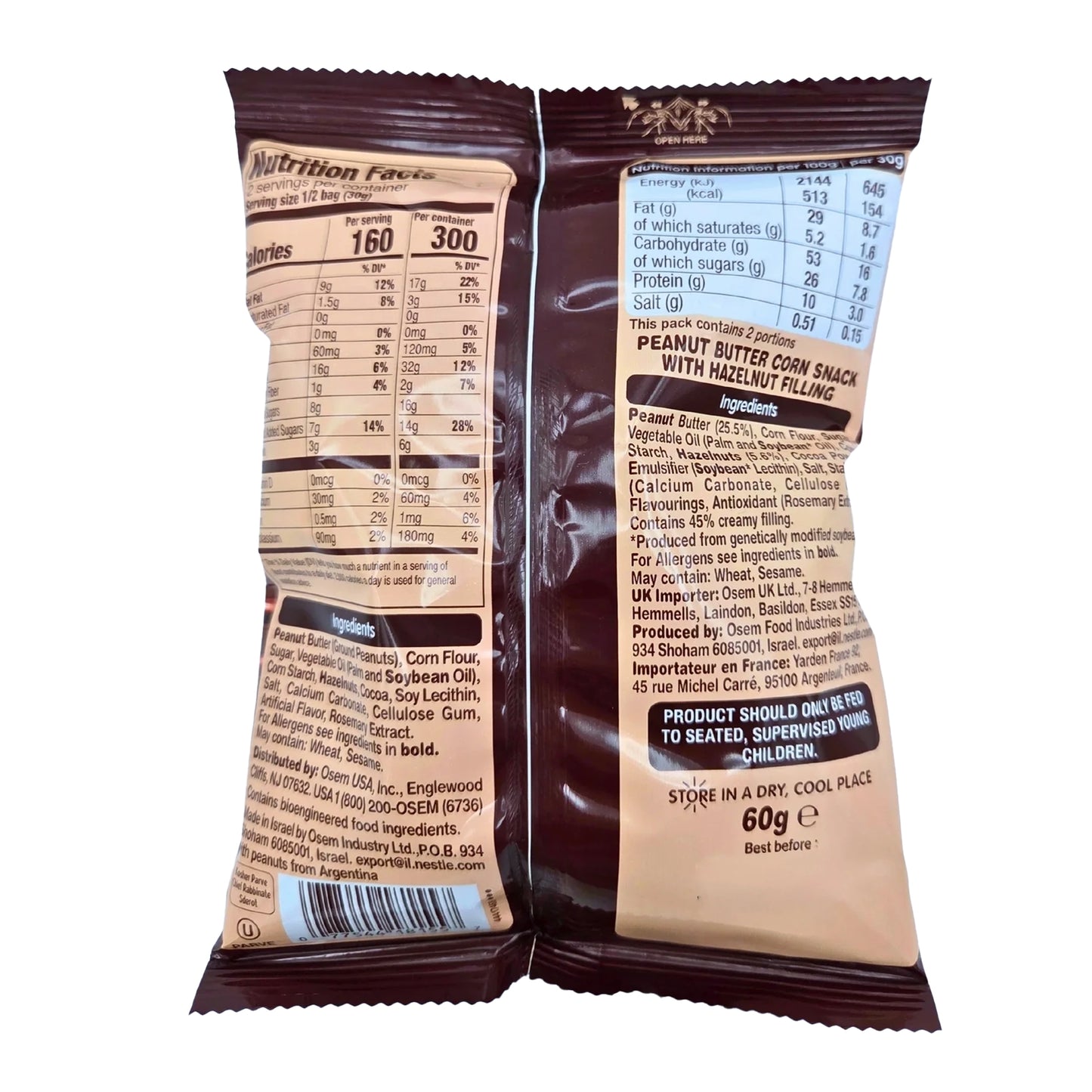 Osem Bamba Hazelnut Snack Cream Peanut Butter Puffs, 2.1 oz Back