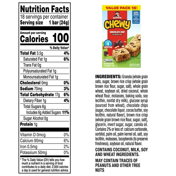 Quaker Chewy Chocolate Chip Granola Bars, Snack, 18 Count