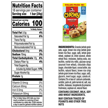 Quaker Chewy Chocolate Chip Granola Bars, Snack, 18 Count