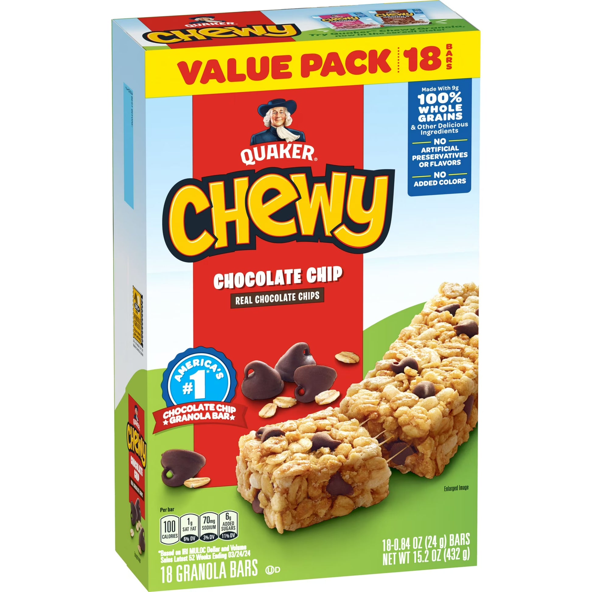 Quaker Chewy Chocolate Chip Granola Bars, Snack, 18 Count