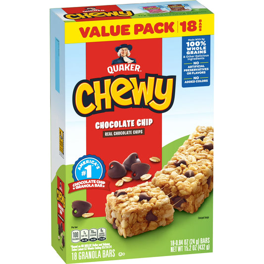 Quaker Chewy Chocolate Chip Granola Bars, Snack, 18 Count