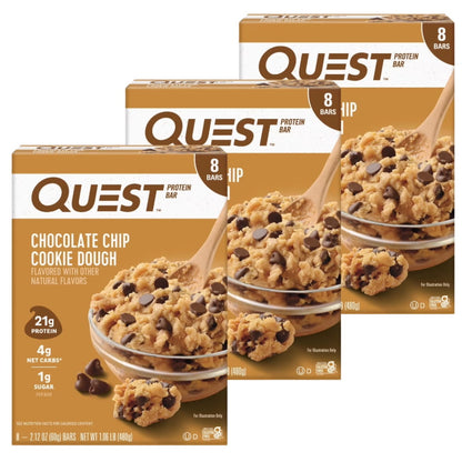 Quest Chocolate Chip Cookie Dough Protein Bar, Gluten-Free, 8 Bars - 3 Pack