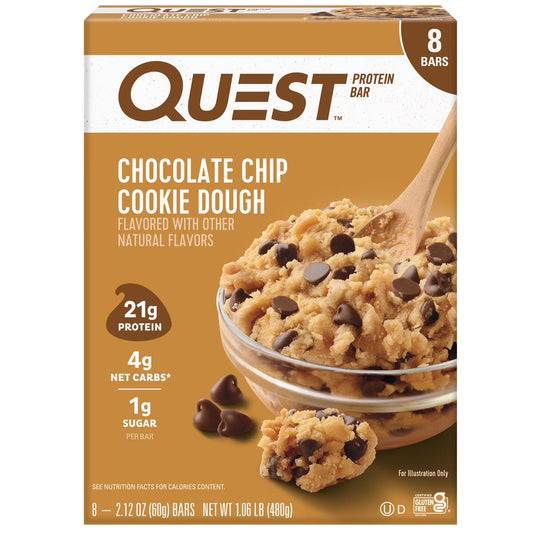 Quest Chocolate Chip Cookie Dough Protein Bar, Gluten-Free, 8 Bars