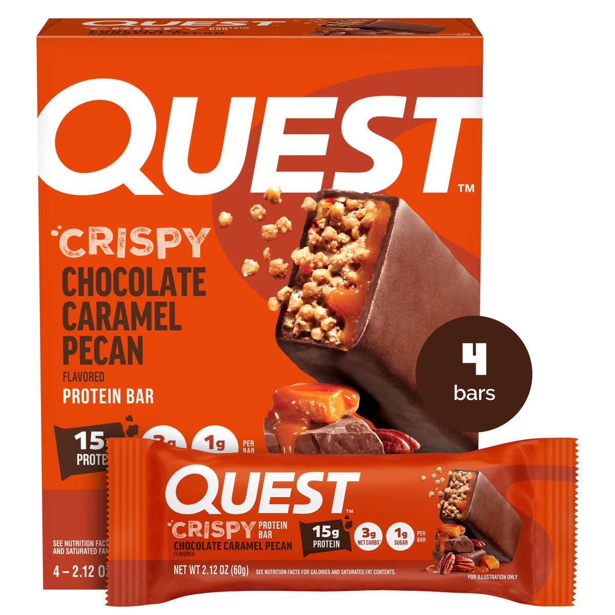 Quest Crispy Hero Protein Bars, Low Carb, Keto Friendly, Chocolate Caramel Pecan, 4 Count