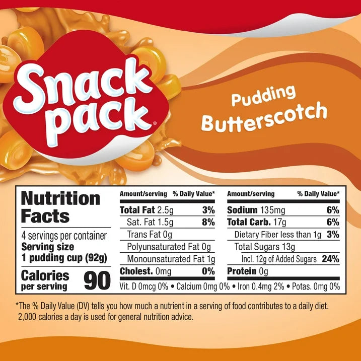 Snack Pack Butterscotch Pudding, Pudding Cups, 3.25 oz,&nbsp;4 Count